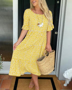 Dames Midi Jurk Stippenprint Korte Mouwen