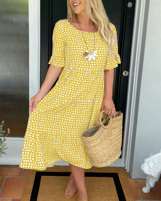 Dames Midi Jurk Stippenprint Korte Mouwen