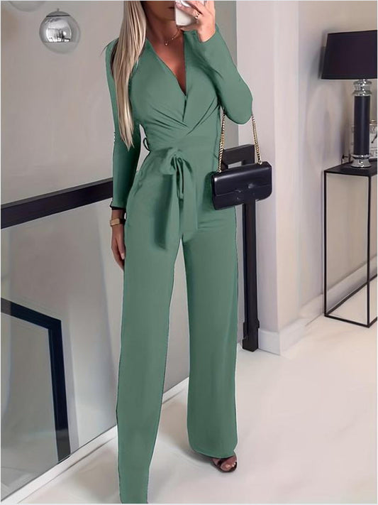 Vernice Jumpsuit | Dames Herfst Jumpsuit met Lange Mouwen, V-Hals, Wrap Design en Wijde Pijpen