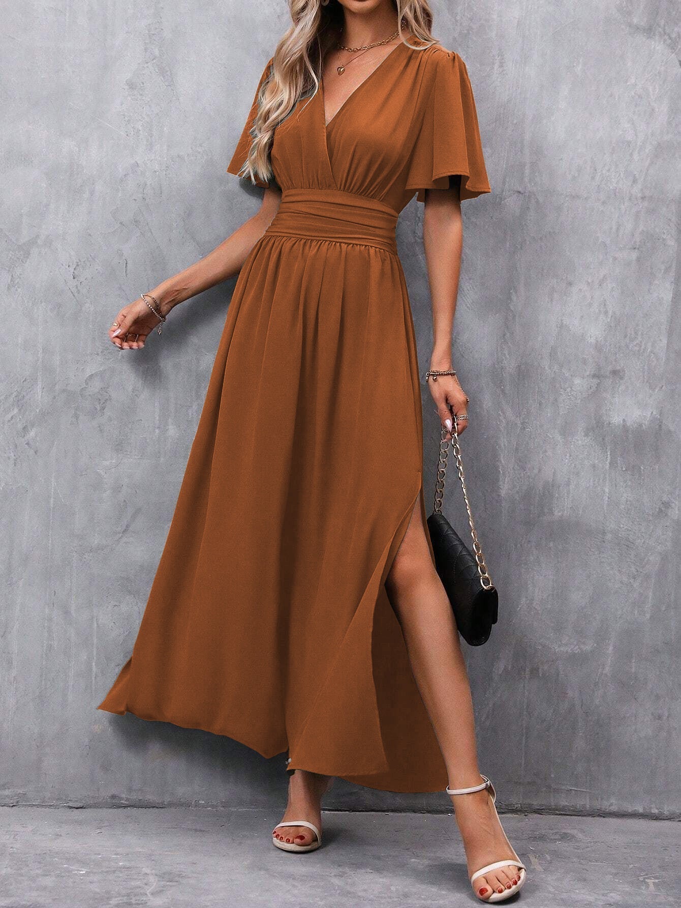 Vickie Jurk | Dames Herfst Maxi Jurk met Korte Mouwen, V-Hals en Split