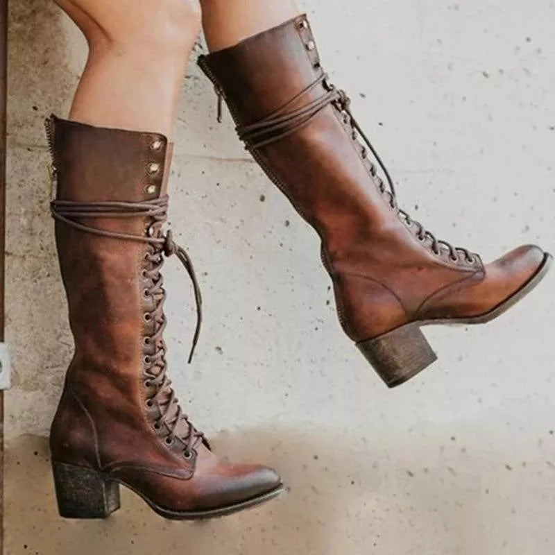 Amelia | Women's Lace-Up Knee-High Boots with Block Heel