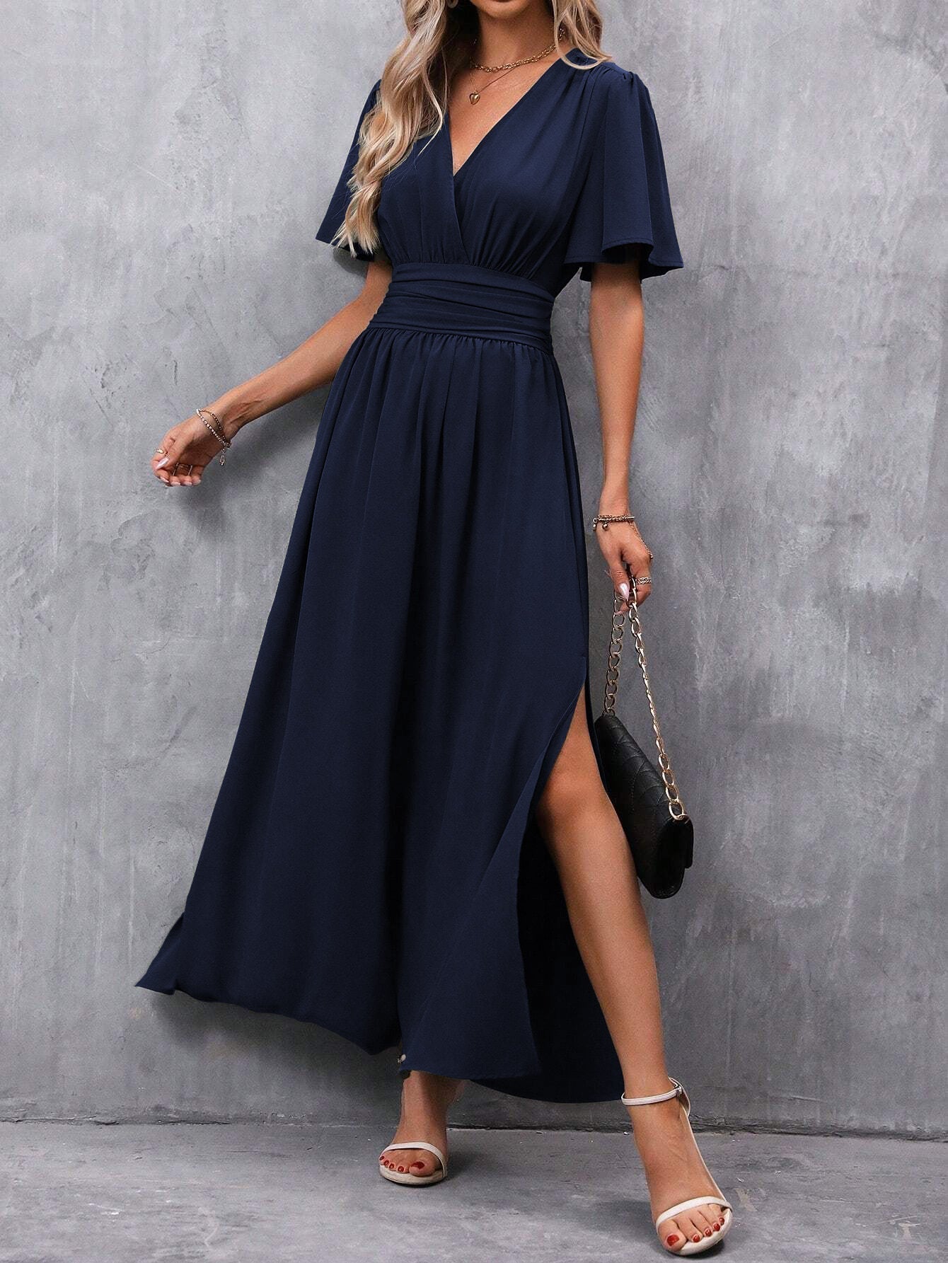 Vickie Jurk | Dames Herfst Maxi Jurk met Korte Mouwen, V-Hals en Split