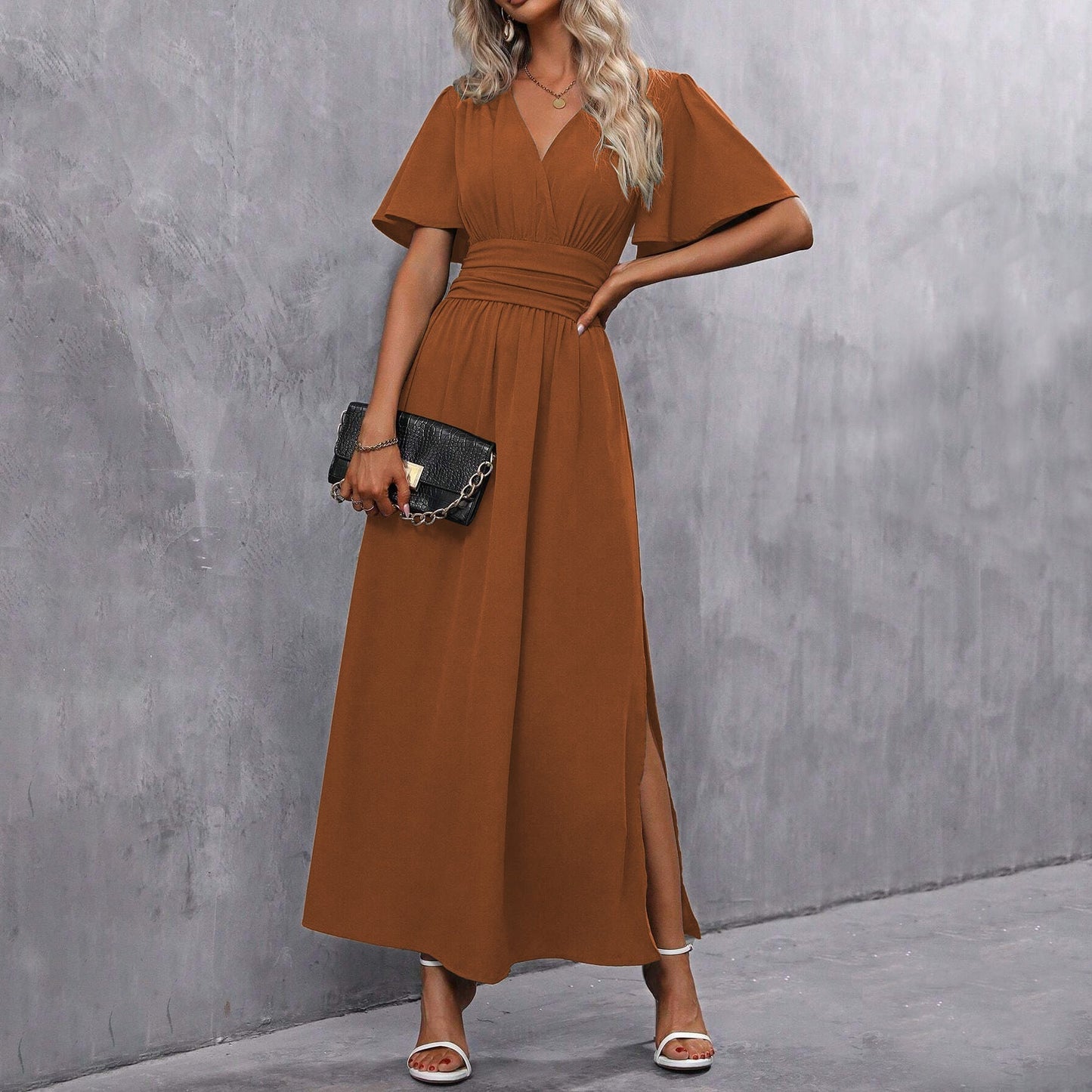 Vickie Jurk | Dames Herfst Maxi Jurk met Korte Mouwen, V-Hals en Split