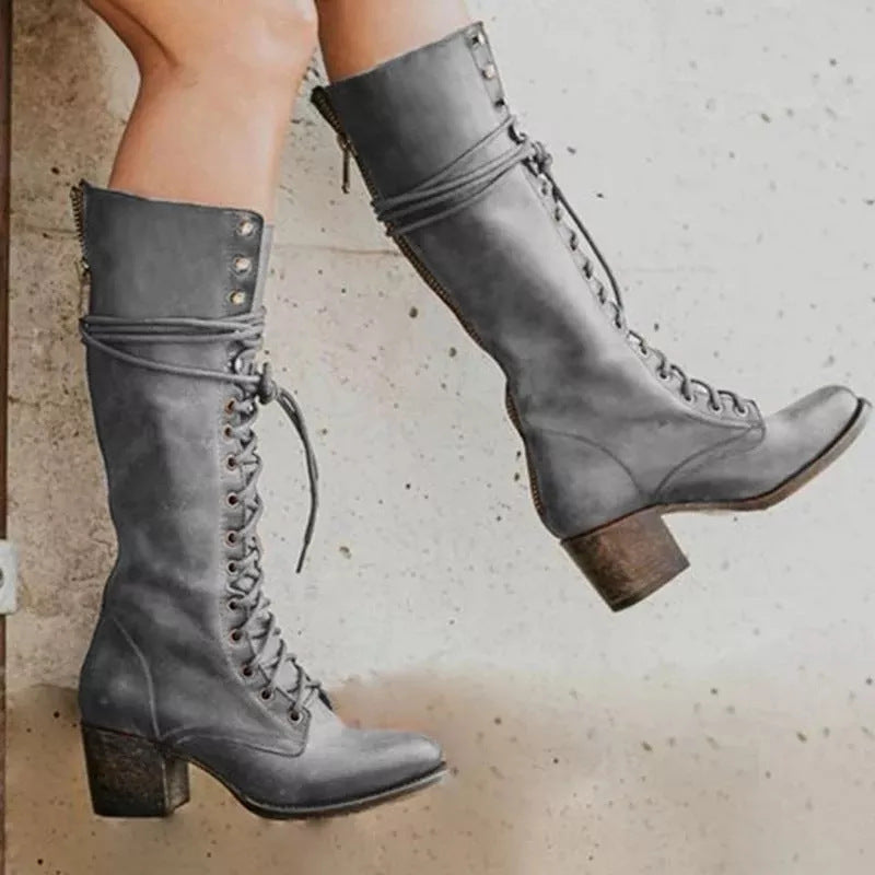 Amelia | Women's Lace-Up Knee-High Boots with Block Heel