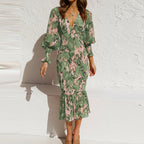 Dames Bloemenprint Midi Jurk Lange Mouwen