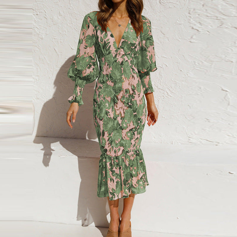 Dames Bloemenprint Midi Jurk Lange Mouwen