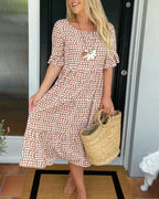 Dames Midi Jurk Stippenprint Korte Mouwen