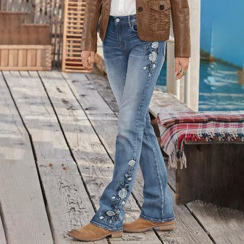 Belka Jeans | Midden taille Flamingo Geborduurde Jeans