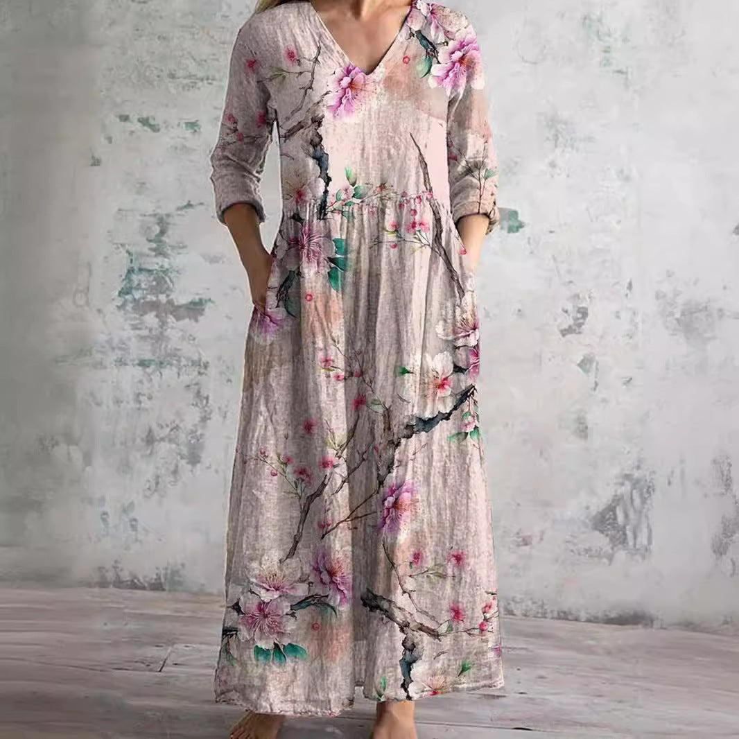 Dames Bloemenprint Maxi Jurk met V Hals