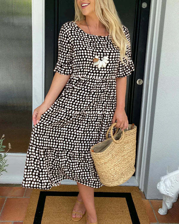 Dames Midi Jurk Stippenprint Korte Mouwen