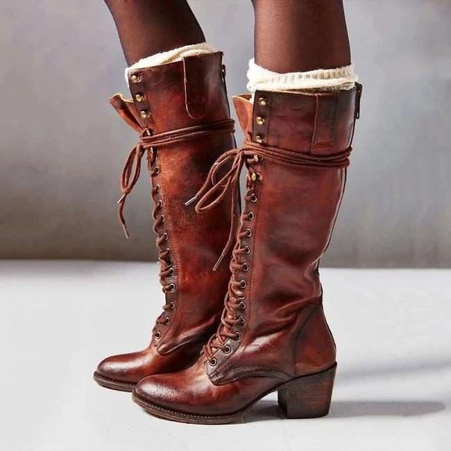Amelia | Women's Lace-Up Knee-High Boots with Block Heel