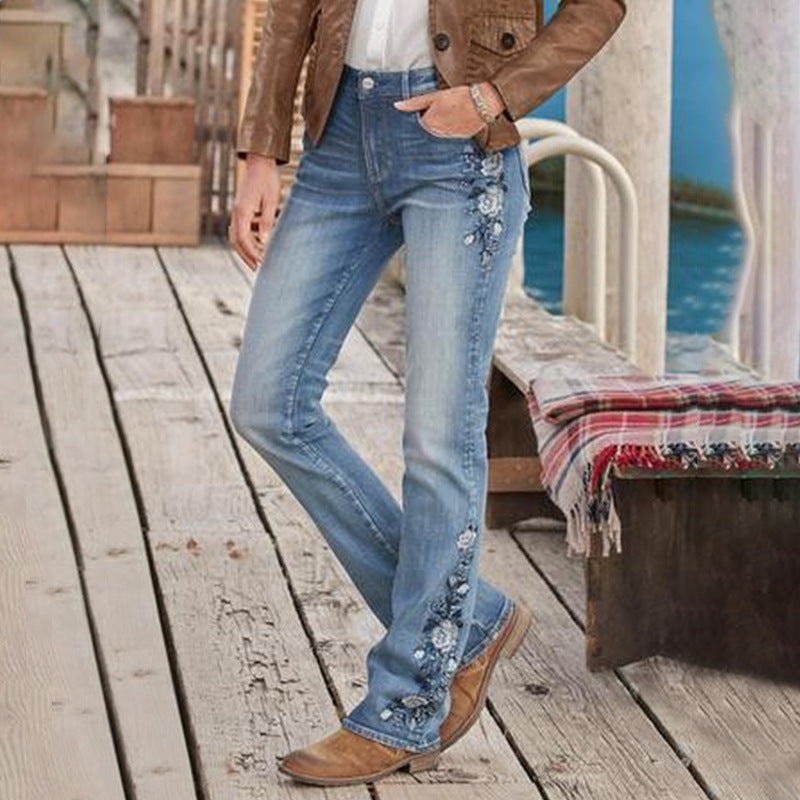 Belka Jeans | Midden taille Flamingo Geborduurde Jeans