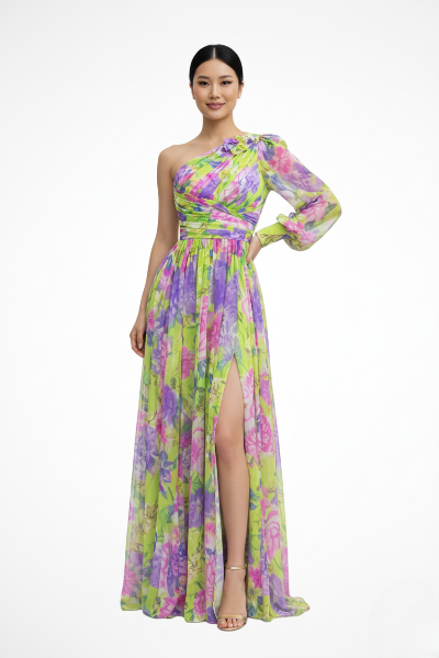 Dames One Shoulder Bloemenprint Maxi Jurk