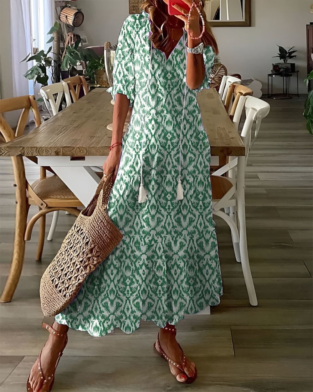 Women's Boho Midi Dress with Modest Design
