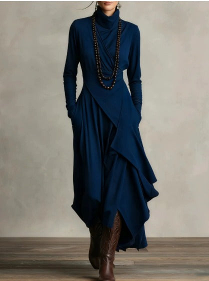 Dames Asymmetrische Gebreide Maxi Jurk met Col
