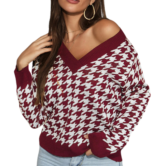 Ursula Jumper | Dames Herfst Diepe V-hals Houndstooth Gebreide Jumper