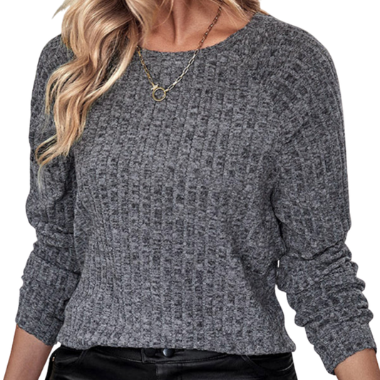 Ubika Jumper | Dames Herfst Grijze Brede Geribde Gebreide Jumper met Lange Mouwen