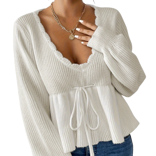 Ryna Trui | Witte Trui met Trekkoord in de Taille en Lage Halslijn