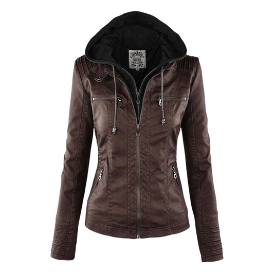 Alessia Jas | Dames Herfst Imitatieleren Bikerjas met Capuchon