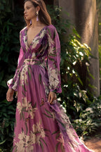 Dames Paarse Bloemenprint Maxi Jurk met Lange Mouwen
