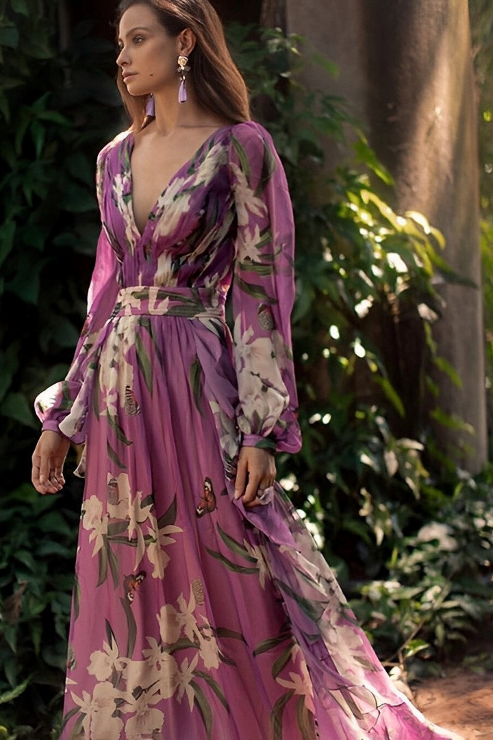 Dames Paarse Bloemenprint Maxi Jurk met Lange Mouwen