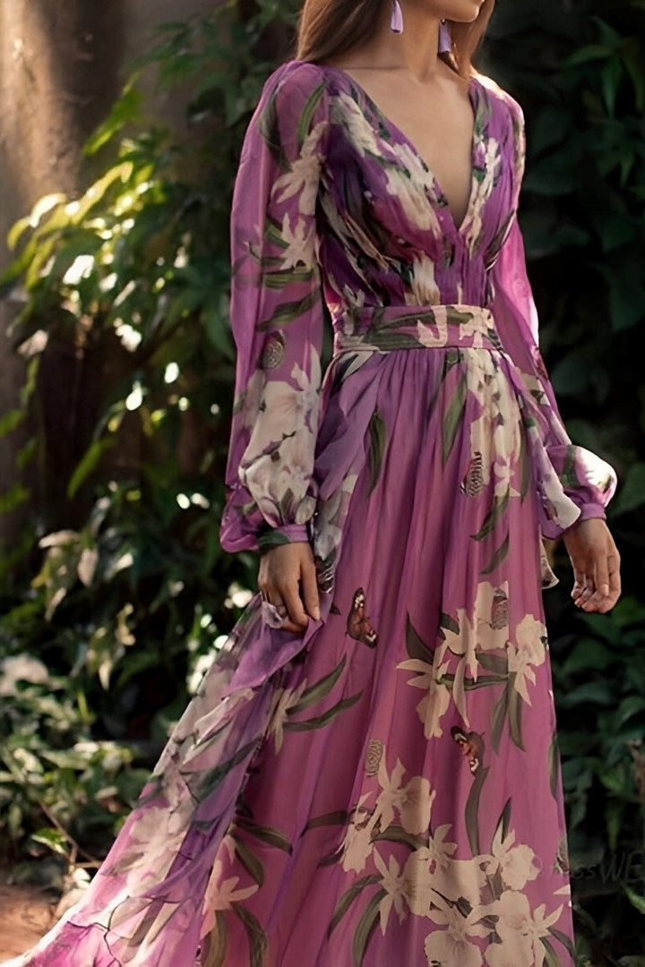 Dames Paarse Bloemenprint Maxi Jurk met Lange Mouwen