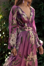 Dames Paarse Bloemenprint Maxi Jurk met Lange Mouwen