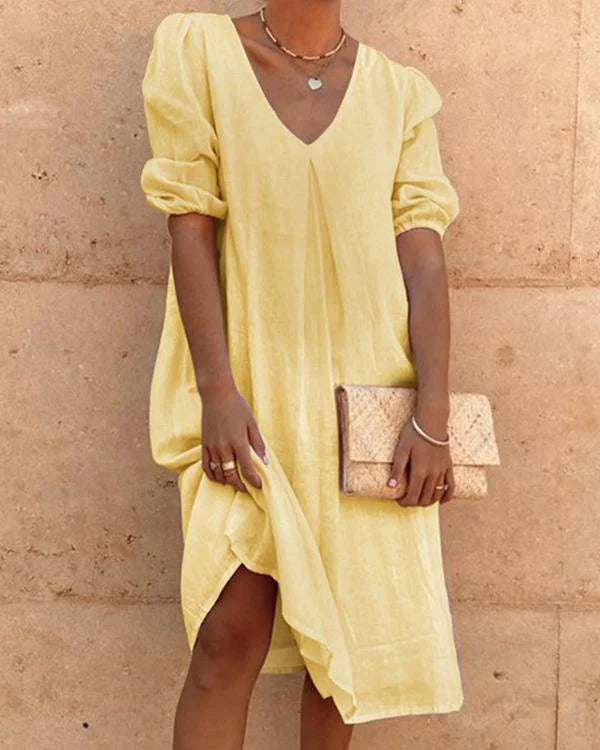 Ostara Jurk | Vintage V-Hals Pofmouwen Midi Jurk