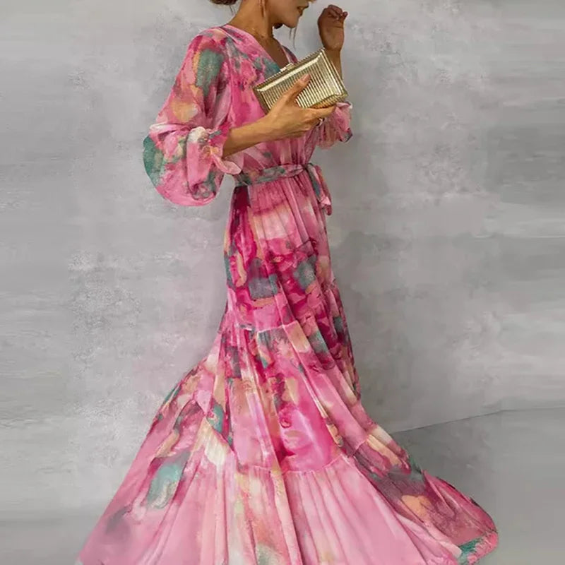 Dames Bloemenprint Wikkel Maxi Jurk met V Hals