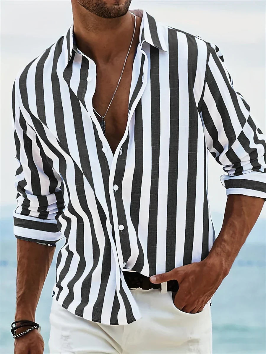 Heren Gestreept Zomershirt met Linnen Look Montarello