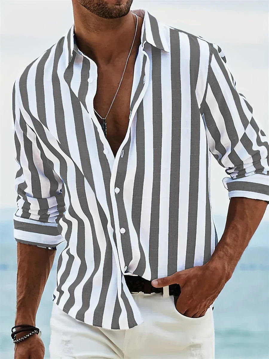 Heren Gestreept Zomershirt met Linnen Look Montarello