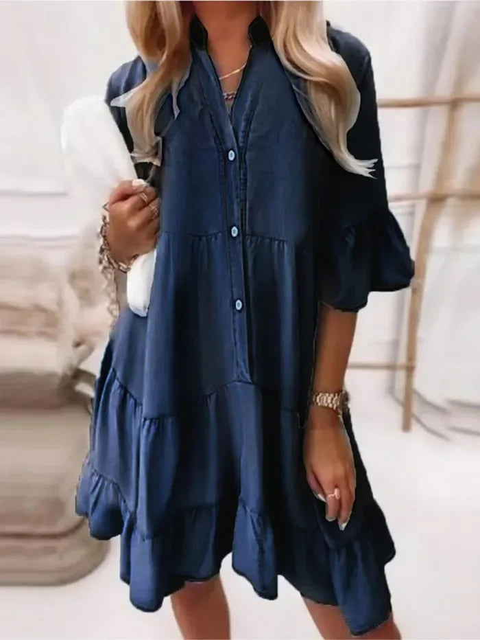 Dames Denim Mini Jurk met Ruches