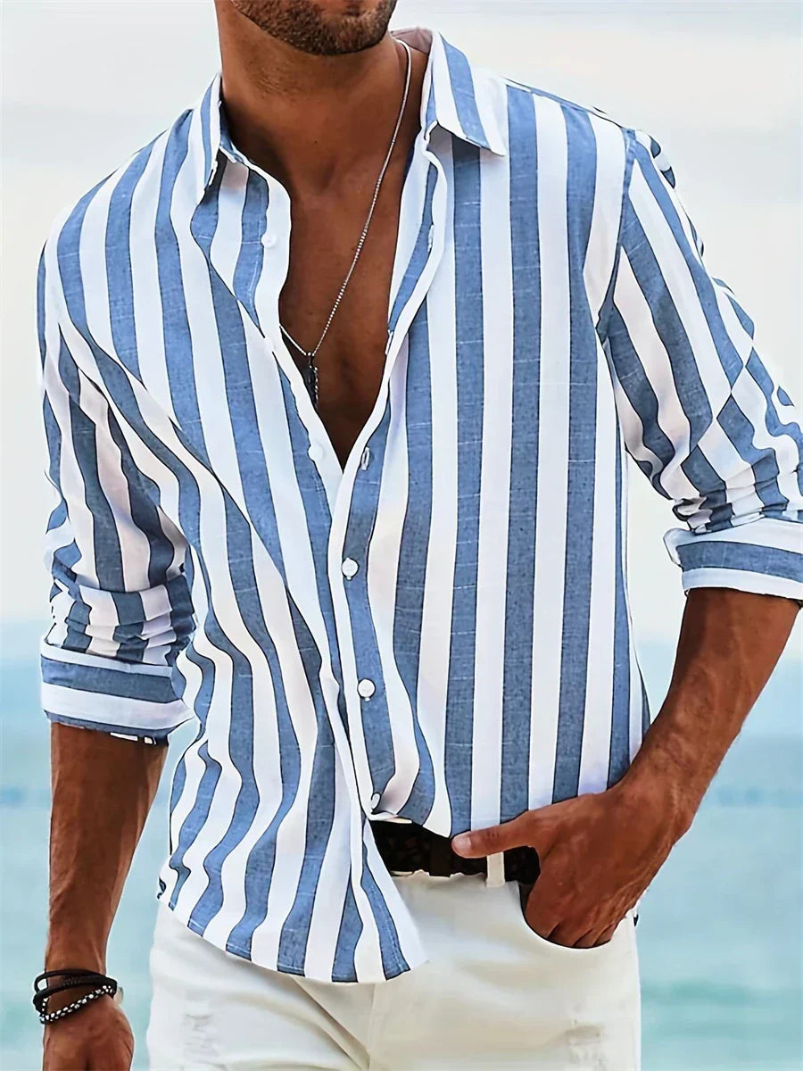 Heren Gestreept Zomershirt met Linnen Look Montarello