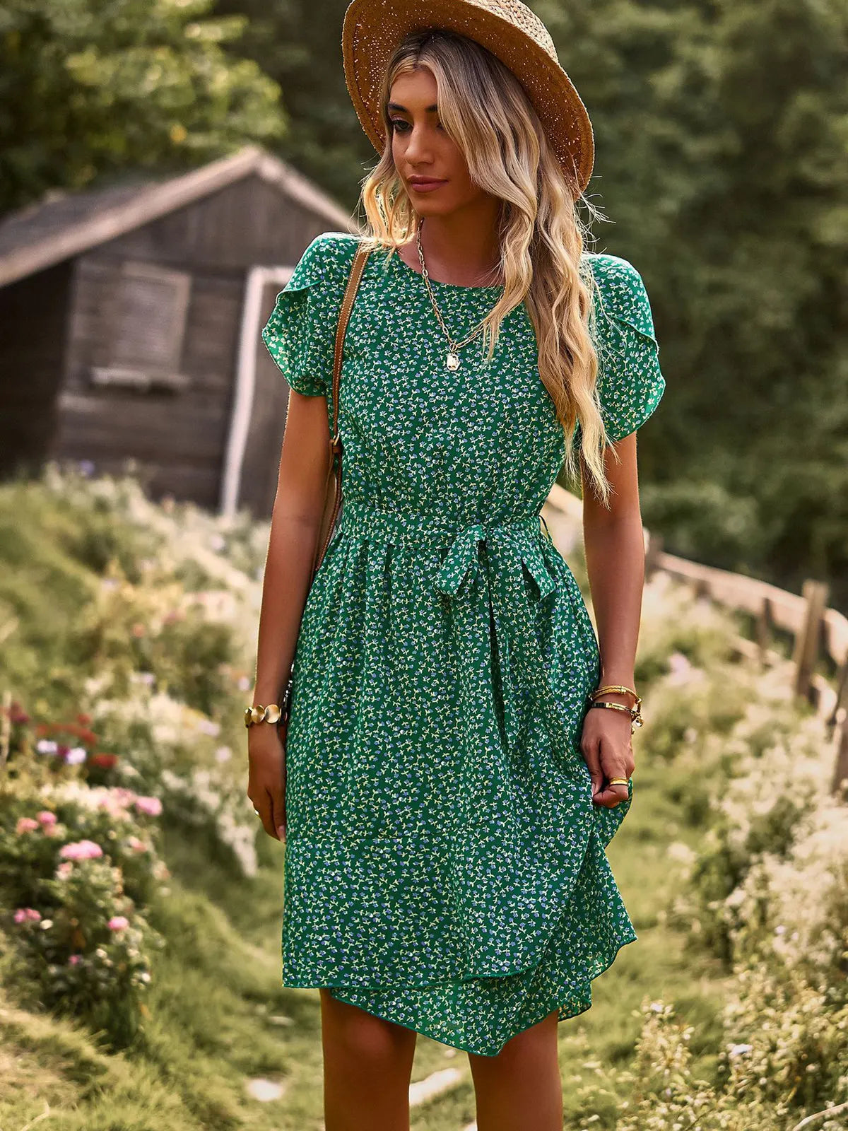 Dames Bloemenprint Midi Jurk met Tailleband