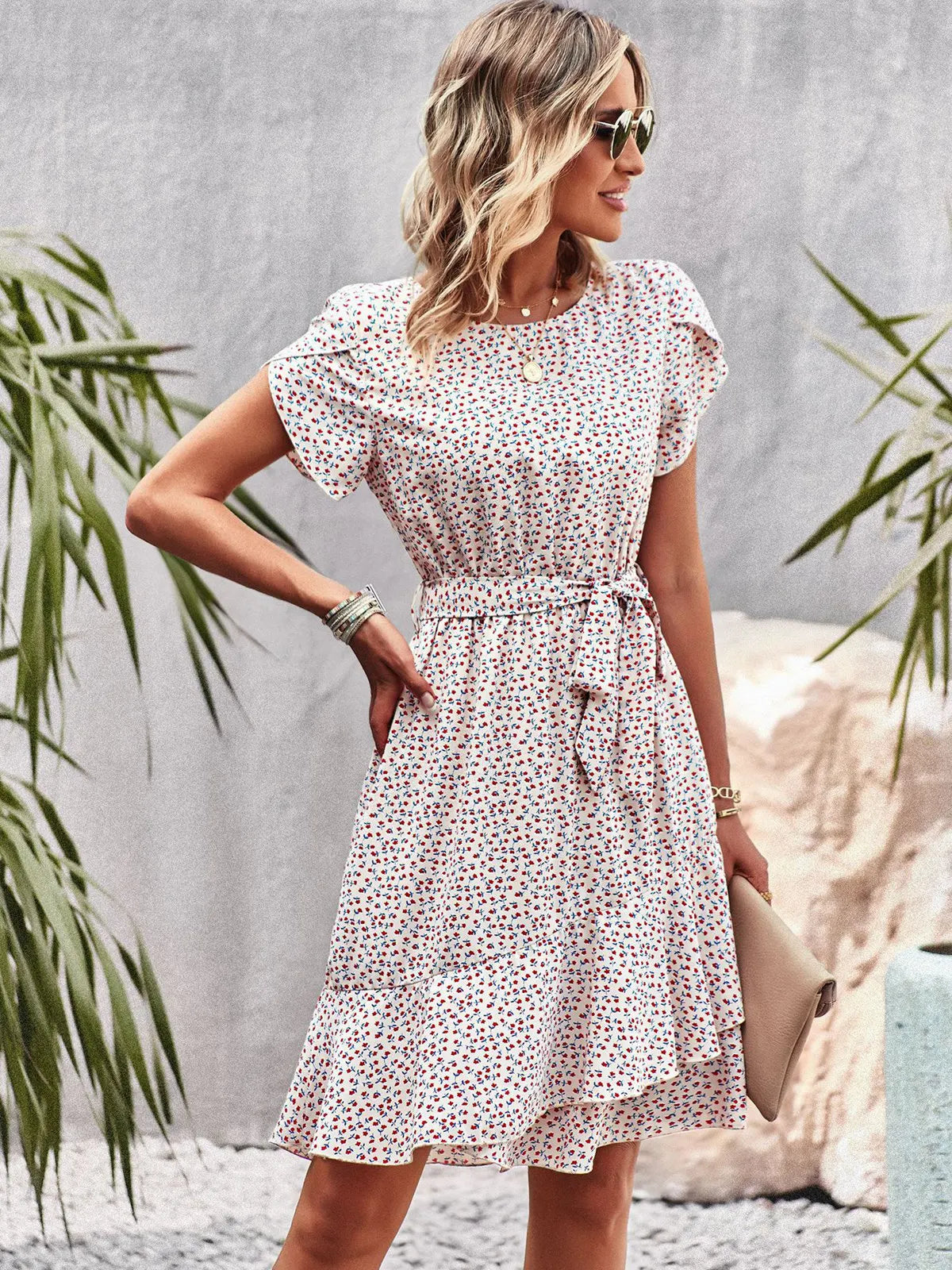 Dames Bloemenprint Midi Jurk met Tailleband