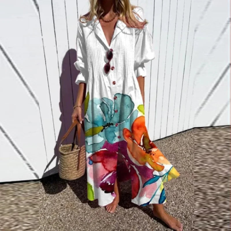 Dames Bloemenprint Maxi Jurk Lange Mouwen