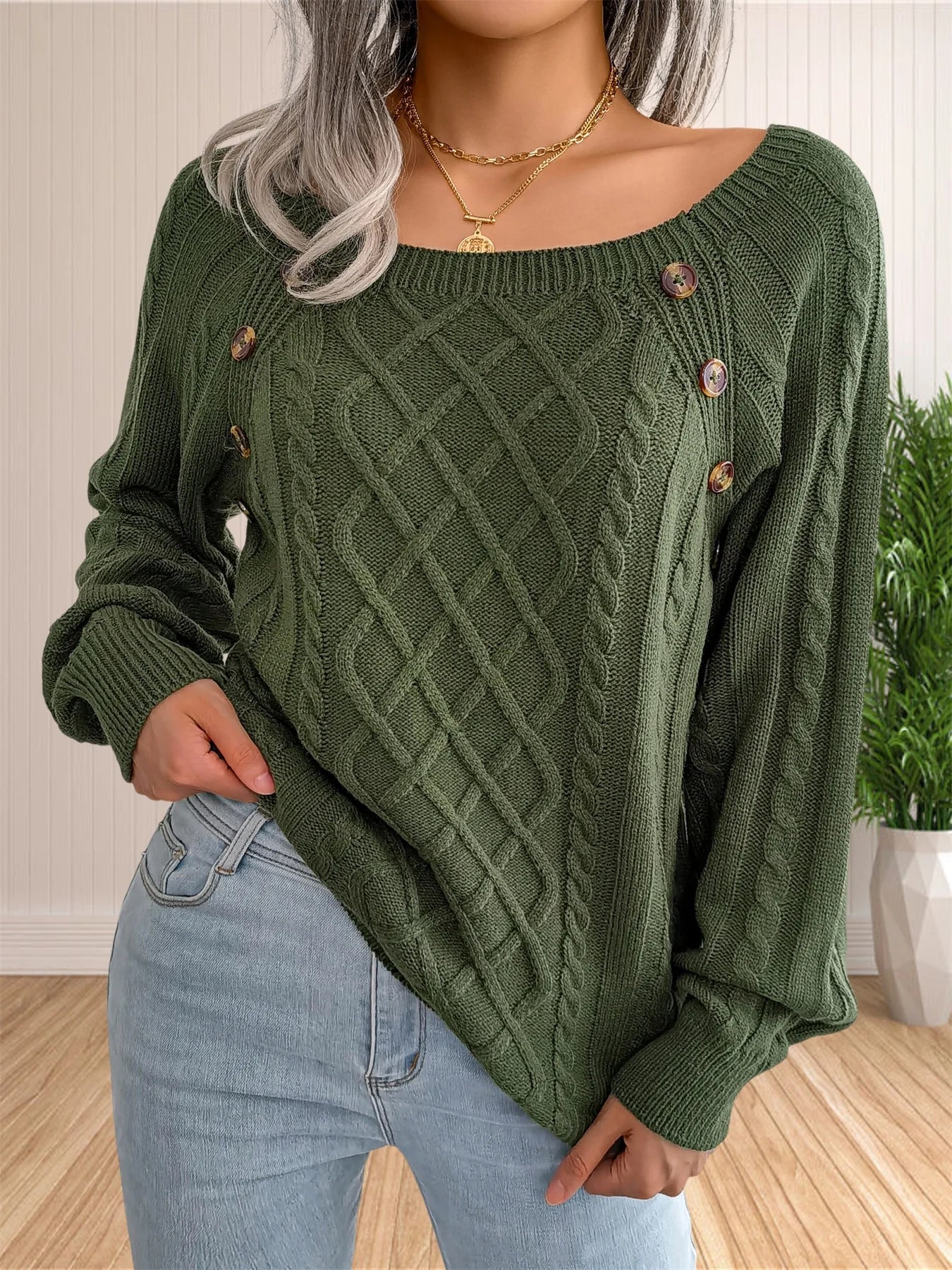 Yesicca Jumper | Herfst Gebreide Jumper met Knopen Detail