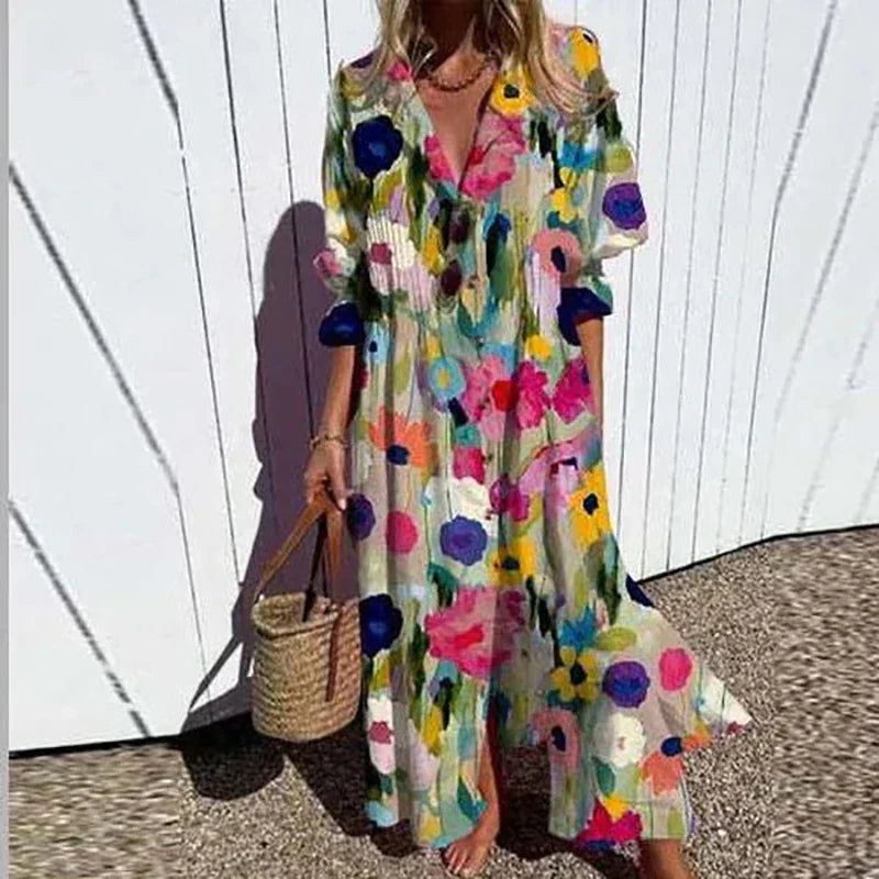 Dames Bloemenprint Maxi Jurk Lange Mouwen