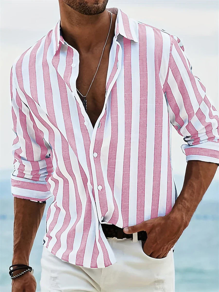 Heren Gestreept Zomershirt met Linnen Look Montarello
