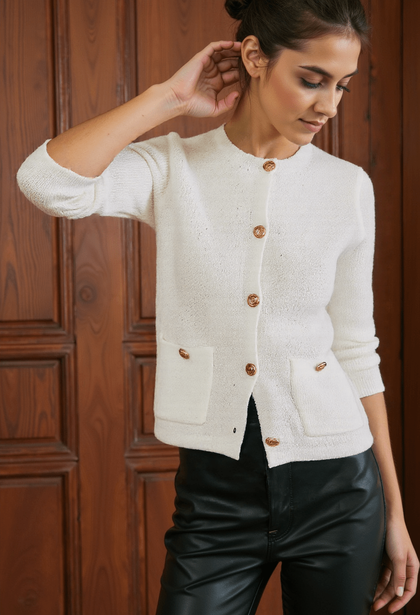 Wendy Vest | Dames Herfst Witte Gebreide Cardigan met Metalen Knoopdetails