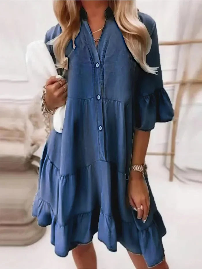 Dames Denim Mini Jurk met Ruches