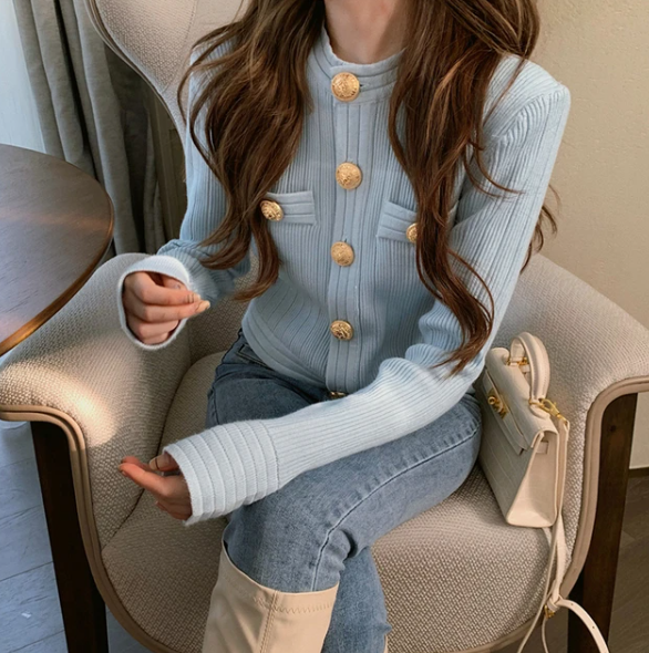 Beth Vest | Dames Herfst Gebreid Vest met Gouden Knopen
