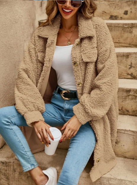 Yelva Jas | Herfst Lange Teddy Jas met Knopen