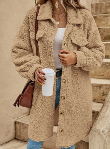 Yelva Jas | Herfst Lange Teddy Jas met Knopen