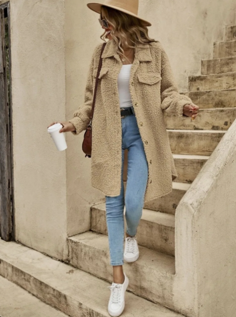 Yelva Jas | Herfst Lange Teddy Jas met Knopen