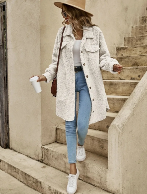 Yelva Jas | Herfst Lange Teddy Jas met Knopen