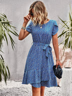 Dames Bloemenprint Midi Jurk met Tailleband