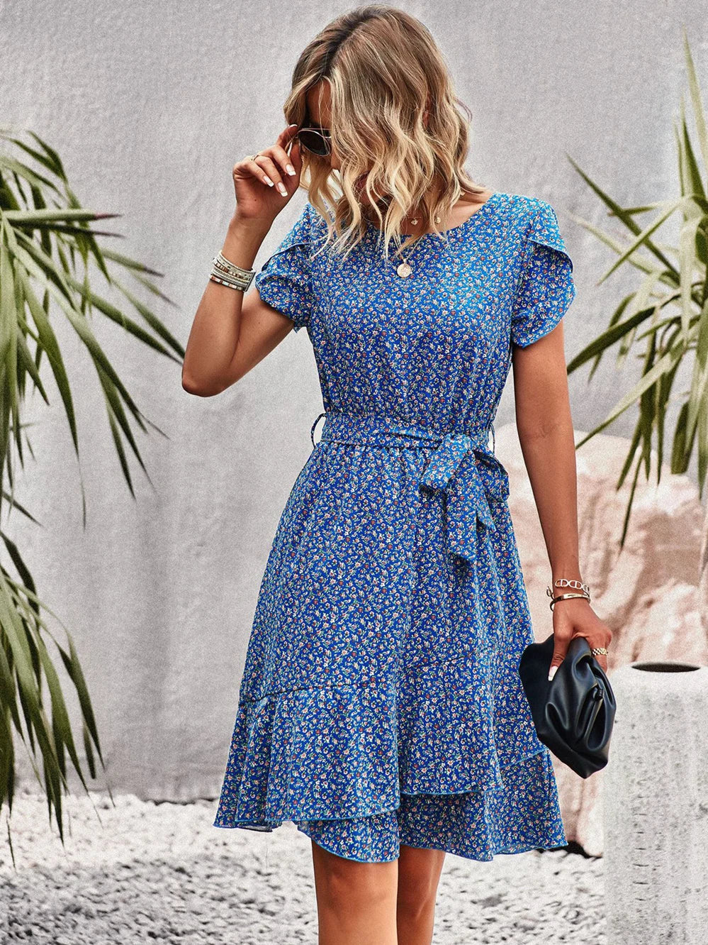 Dames Bloemenprint Midi Jurk met Tailleband