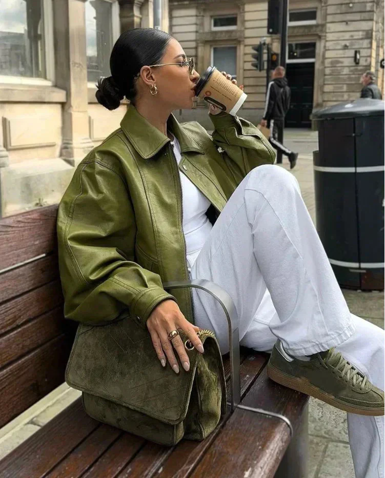 Xavyera Jas | Herfst Groene Faux Leren Jas