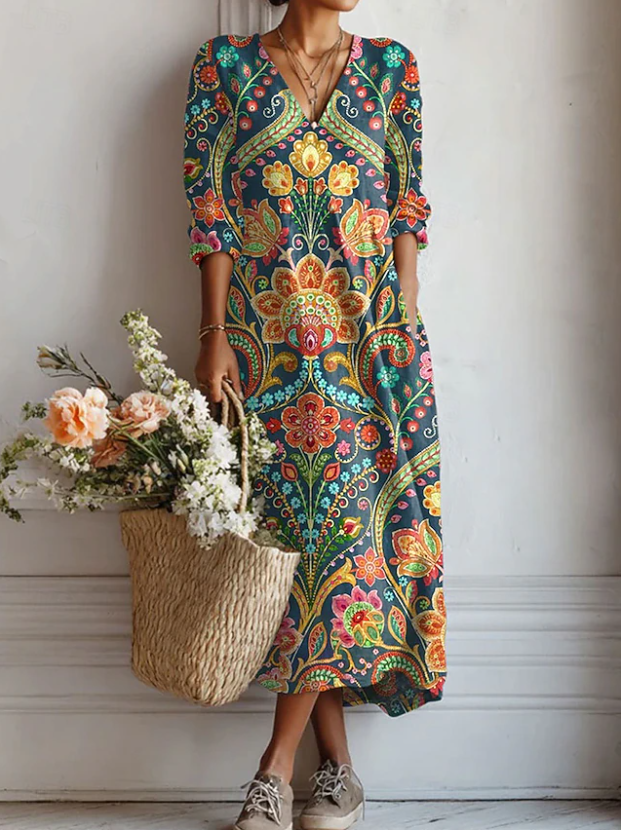 Women's Bohemian Comfort Midi Dress Mosaic Print